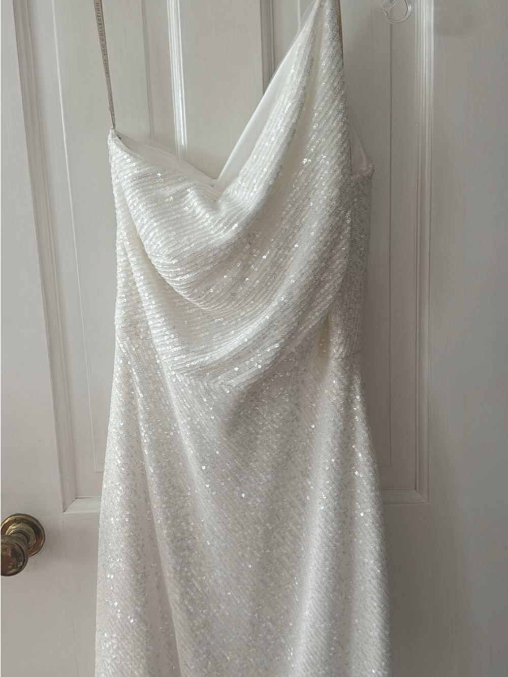 Jenny Yoo White Sequin Asymmetrical Cowl Slip Dress